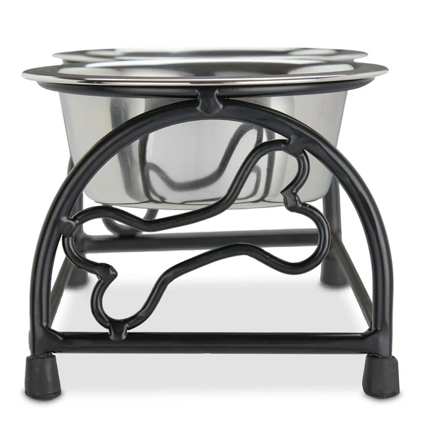 Kovácsoltvas stílusú kutyatál állvány fekete színben csont mintás díszítéssel oldalról