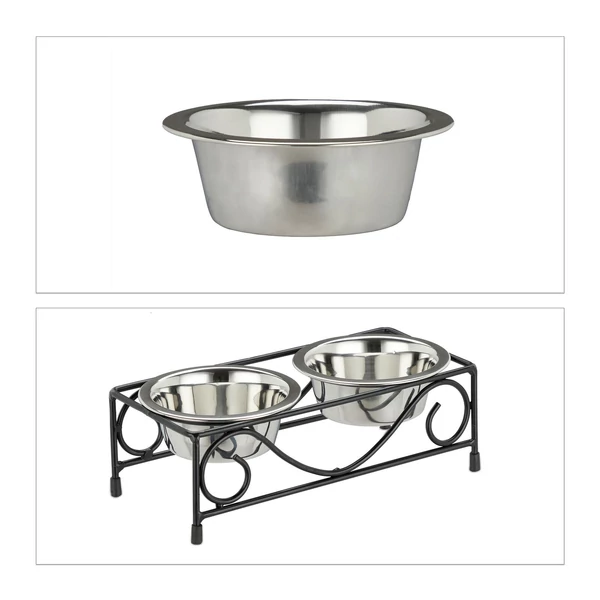 rozsdamentes acél kutyatál és az állvány egymás alatt