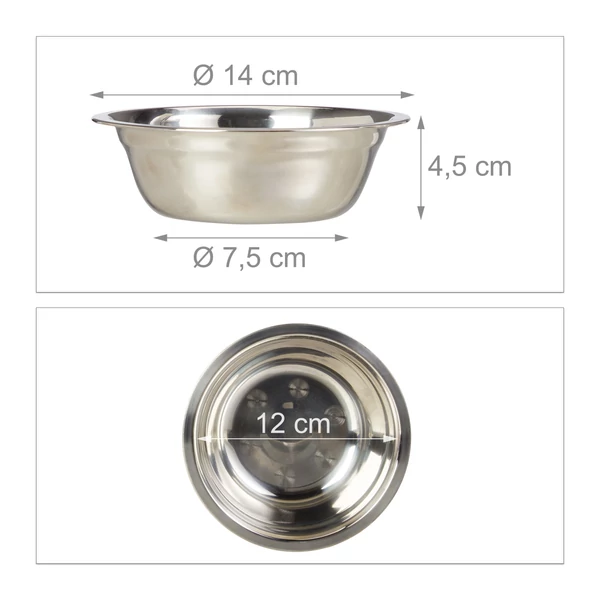 Rozsdamentes acél etető és itató tál oldalról és felülnézetből méretekkel