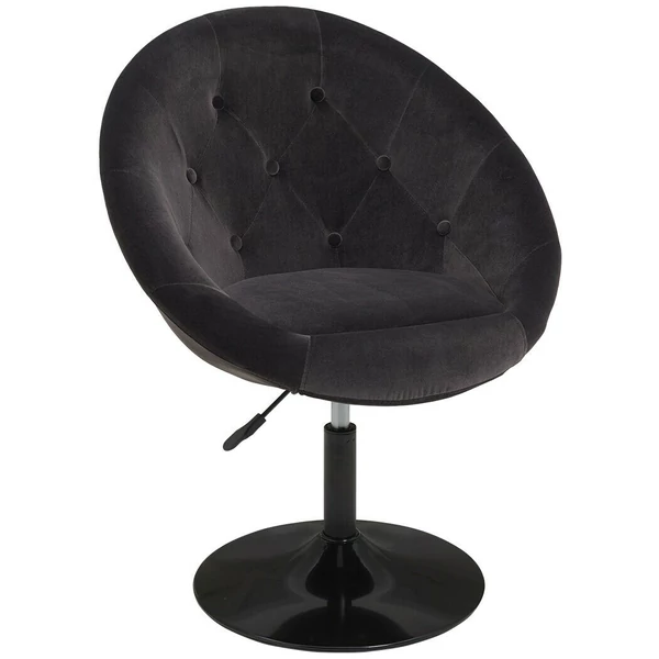 Fekete plüss kárpitozású öblös nagyméretű forgószék szemből fekete lábakkal