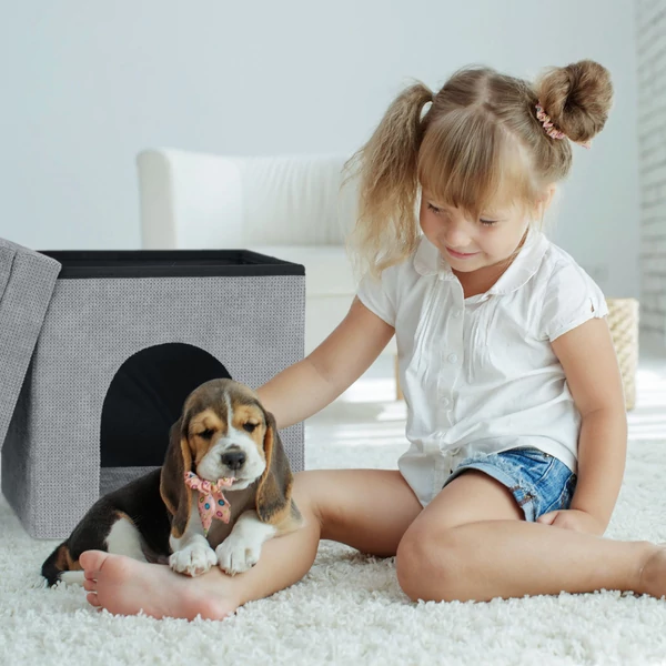Tetővel ellátott puff alakú kutyafekhely kölyök beagle-lel