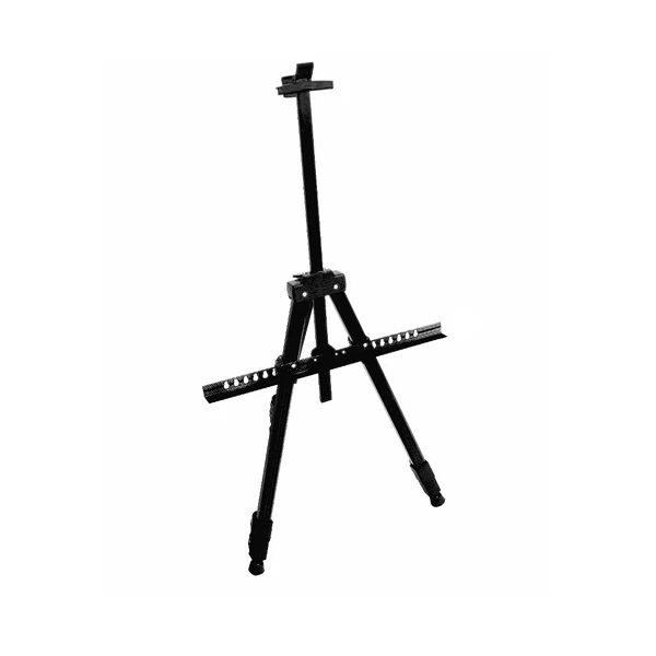 Teljesen összecsukható fekete színű acél festőállvány kinyitott helyzetben