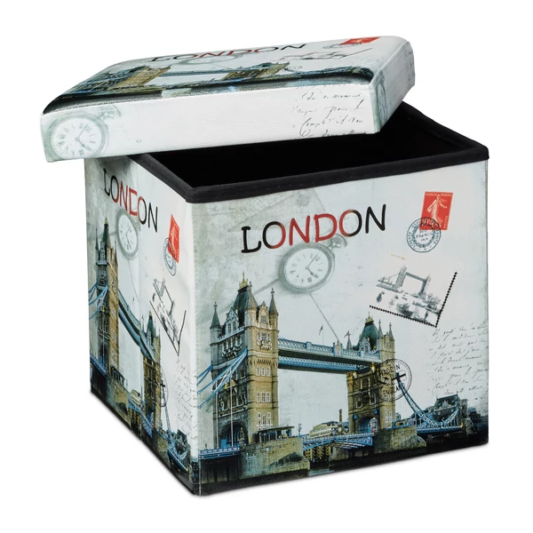 London nevezetességeivel díszített összecsukható műbőrből készült puff és ülőke