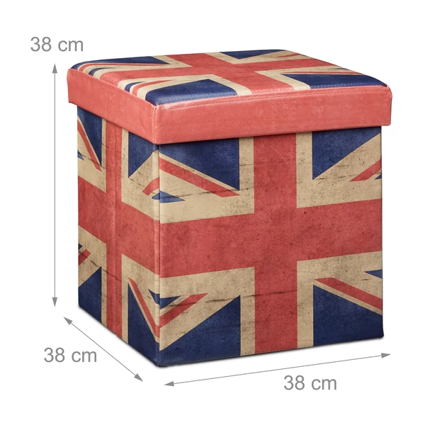 A brit zászlóval nyomott műbőr borítású beltéri egyszeméyes ülőpuff külső méretekkel