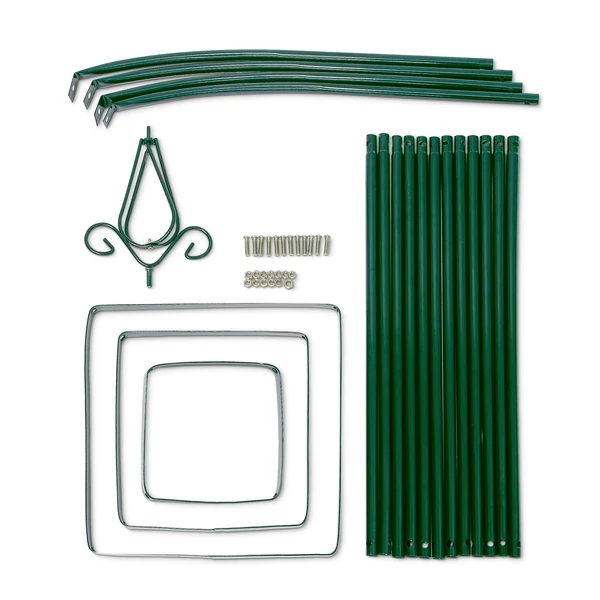 Kúp alakú sötétzöld színű rózsafuttató keret és virágtartó rács főelemeire szétszerelve