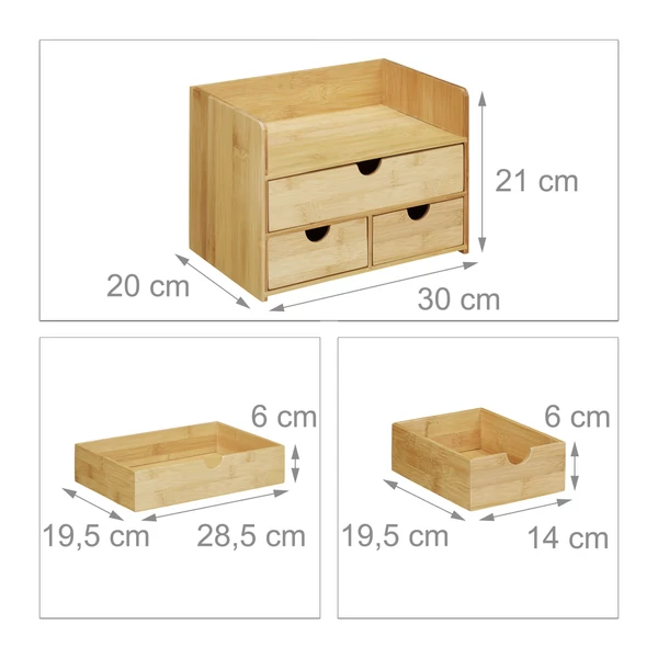 Emori bambusz fiókos íróasztali rendező kivehető fiókokkal méretekkel