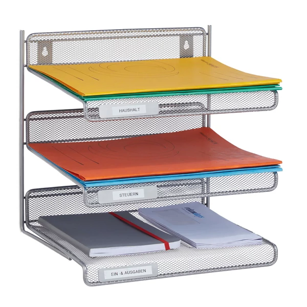 Hadna ezüst színű falra is szerelhető három szintes iratrendező és iratrendszerező színes dokumentumokkal