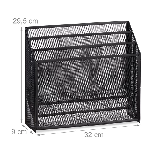 Pető 3 különálló rekeszt tartalmazó fekete színű fémhálós asztali iratrendező méretekkel
