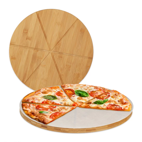 2 db pizza vágódeszka szettben bambuszból sütőpapírral és egy felszeletelt pizzával
