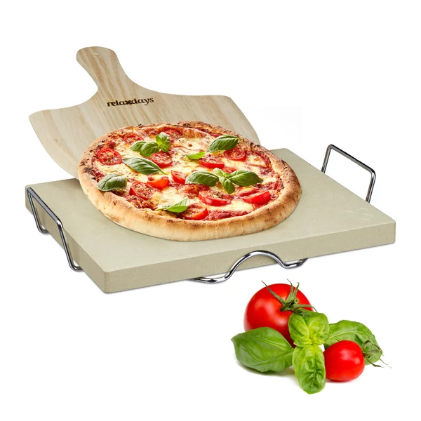 Extra vastag 3 cm-es pizzakő és pizzalapát tartóval készletben