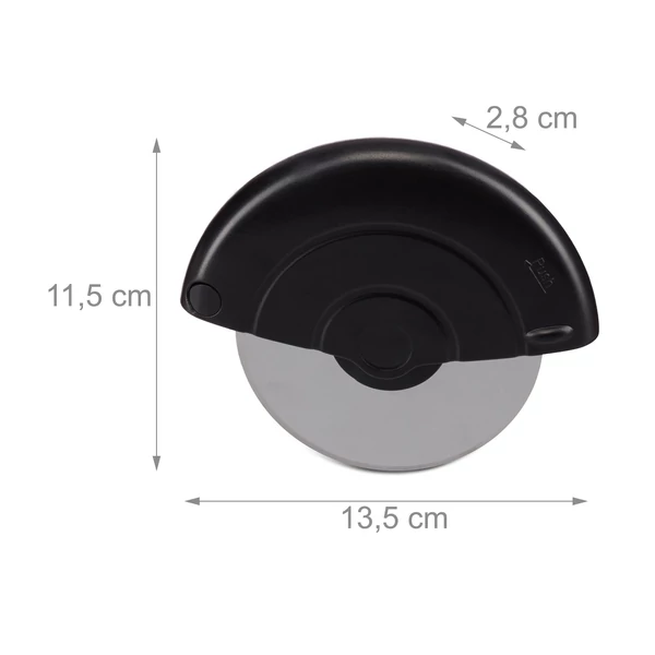 Pizzavágó kerék ergonomikus kialakítással tenyérvédő műanyag tetővel külső méretekkel