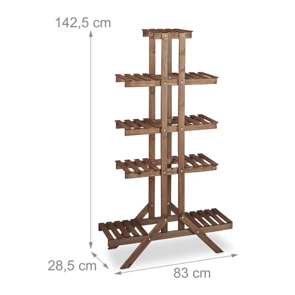 Sötétbarna színű fenyőfa virágtartó állvány üresen külső méretekkel