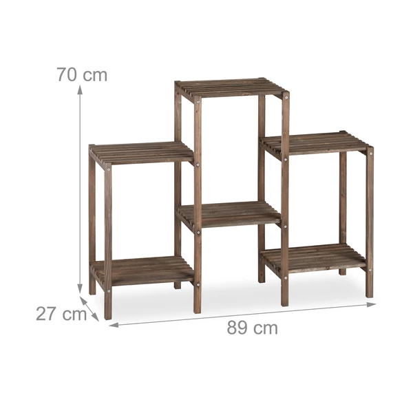 Fren közepes méretű hat polcos virágtartó állvány sötétbarna színben üresen külső méretekkel