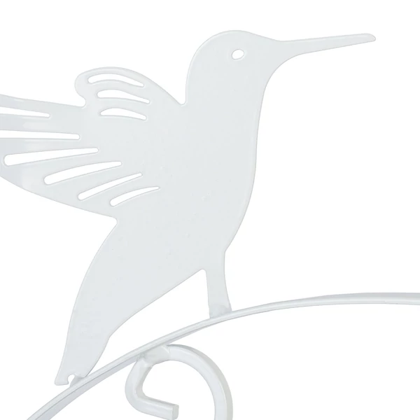 Madár mintás fehér színű fali virágtartó és virágakasztó kampóval közelről