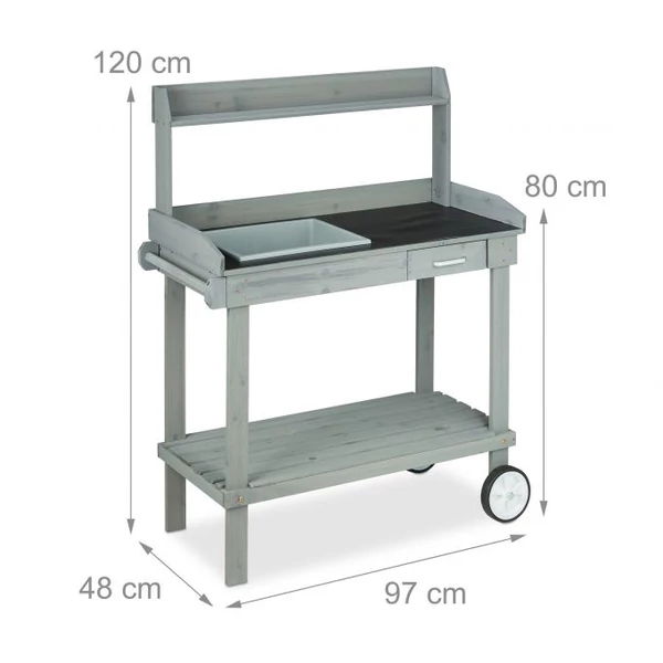 Vartalon szürke színű gurulős ültetőasztal és ültetőállvány méretekkel