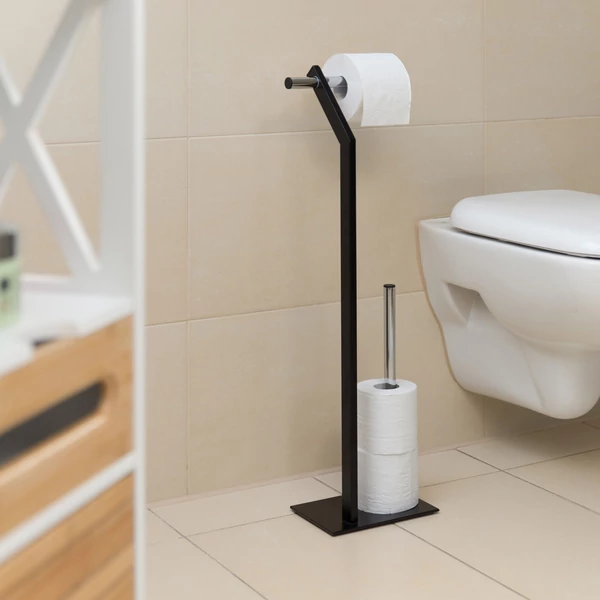 Karnat álló fekete színű Wc papír tartó mosdóban elhelyezve