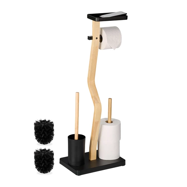 Fekete színű acélból és bambusz elemekből álló wc kefe és papír tartó garnitúra a tetején kialakított mobiltelefon tartóval