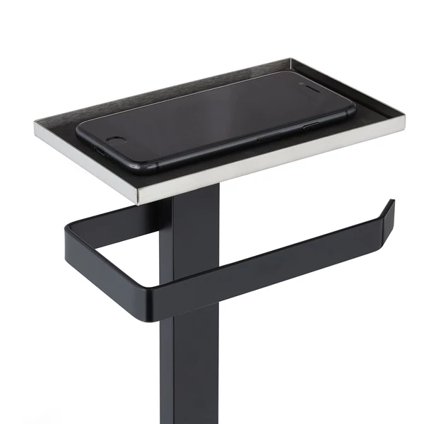 Okona matt fekete színű wc kefe és papír tartó állvány tetején kialakított polcon elhelyezett mobiltelefon