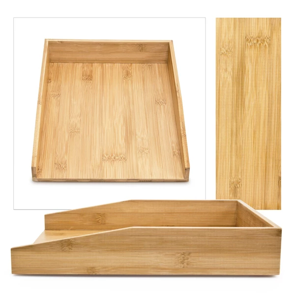 Valódi bambusz irattálca és papírtálca három féle szögből fényképezve üresen