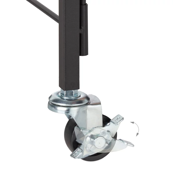 Eden acélvázas zsúrkocsi és tálalókocsi egyik lába a fékezhető görgős kerékkel