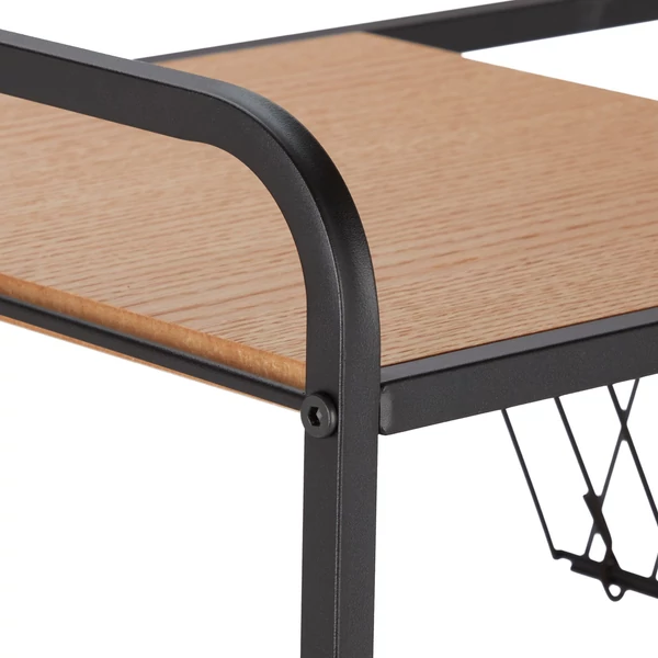 Fekete acélvázas és natúr fa színű MDF polc eg eden zsúrkocsi felső részén közelről